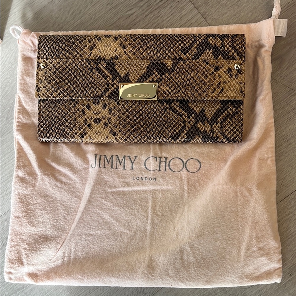 Jimmy Choo Brown Snake-Print Leather Clutch with Gold Plaque